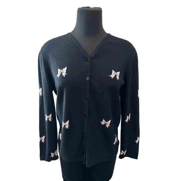 DONCASTER | Black Bow Print V Neck Cardigan Made in Italy Vintage 90s | Large - Picture 2 of 7
